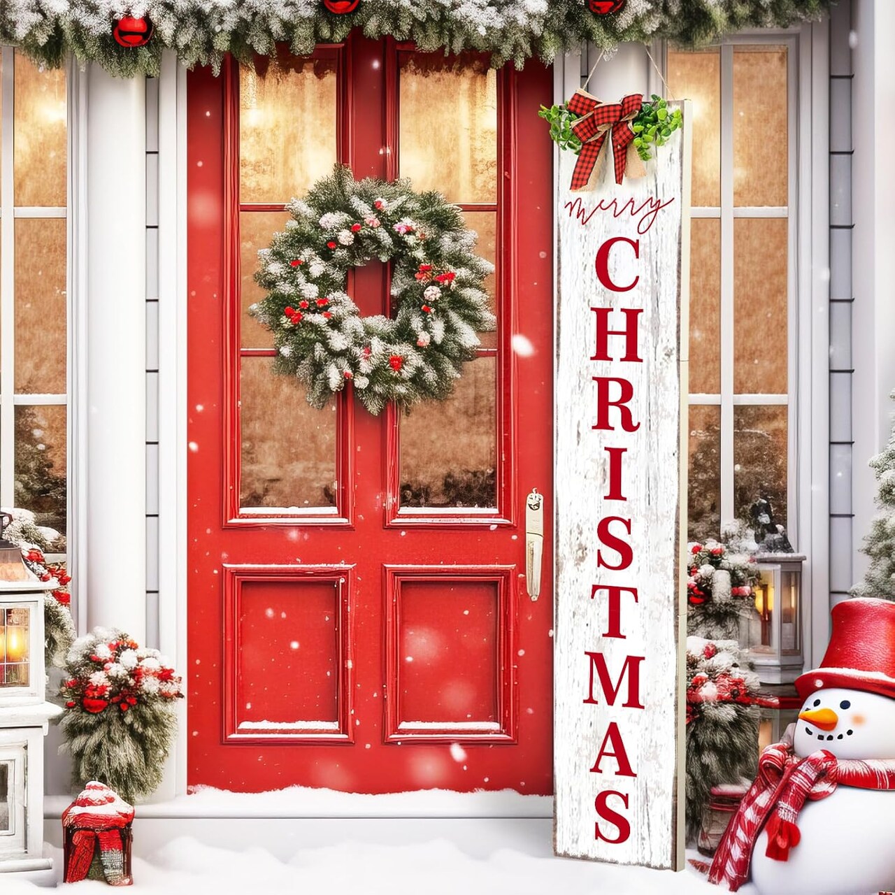 Christmas Porch Sign Merry Christmas Hanging Decor 42'' Rustic Vertical Welcome Wooden Sign(Merry Christmas)42"L x 8.07"W